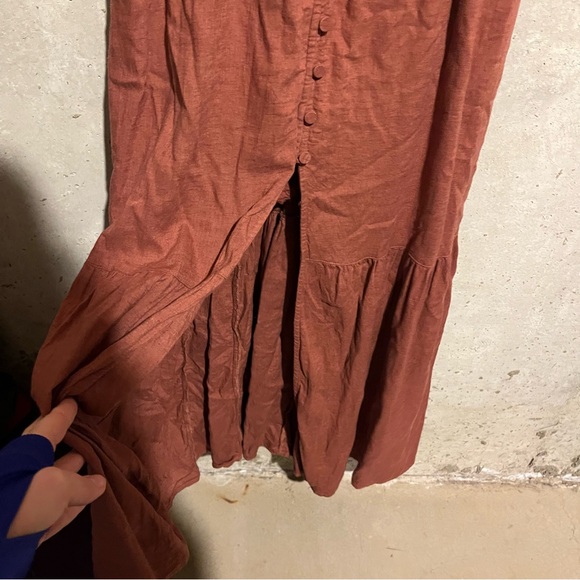 Abercrombie & Fitch Orange Linen Dress S Buttons Plunge Neck Smocked Boho Maxi - Picture 3 of 10